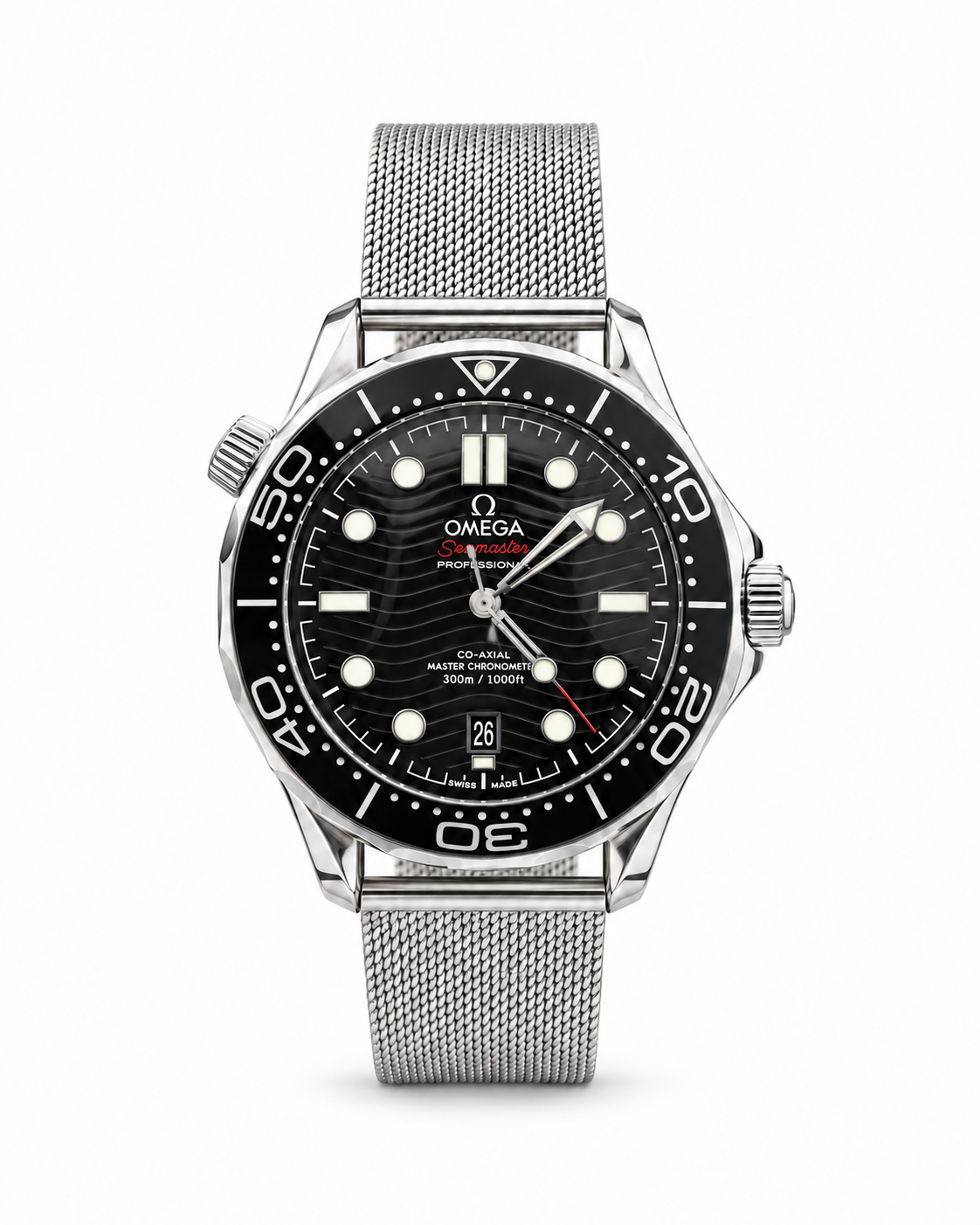 Omega Seamaster Diver 300M men's watch Lebanon - steel case, black wave-pattern dial with luminous markers, black ceramic diver's bezel, date window, steel mesh bracelet