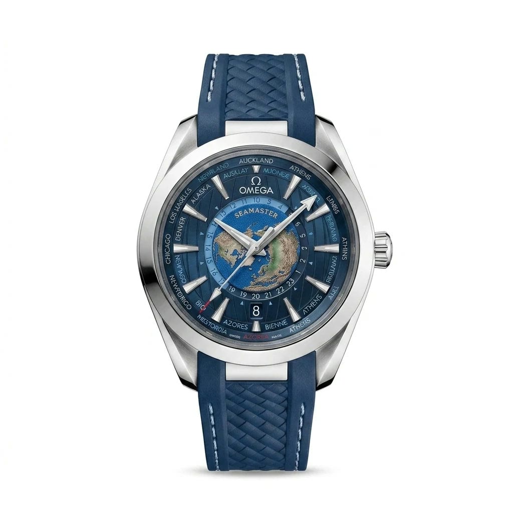 Omega Seamaster Aqua Terra Worldtimer Blue Dial Men Watch Front View Lebanon - ChronoVault