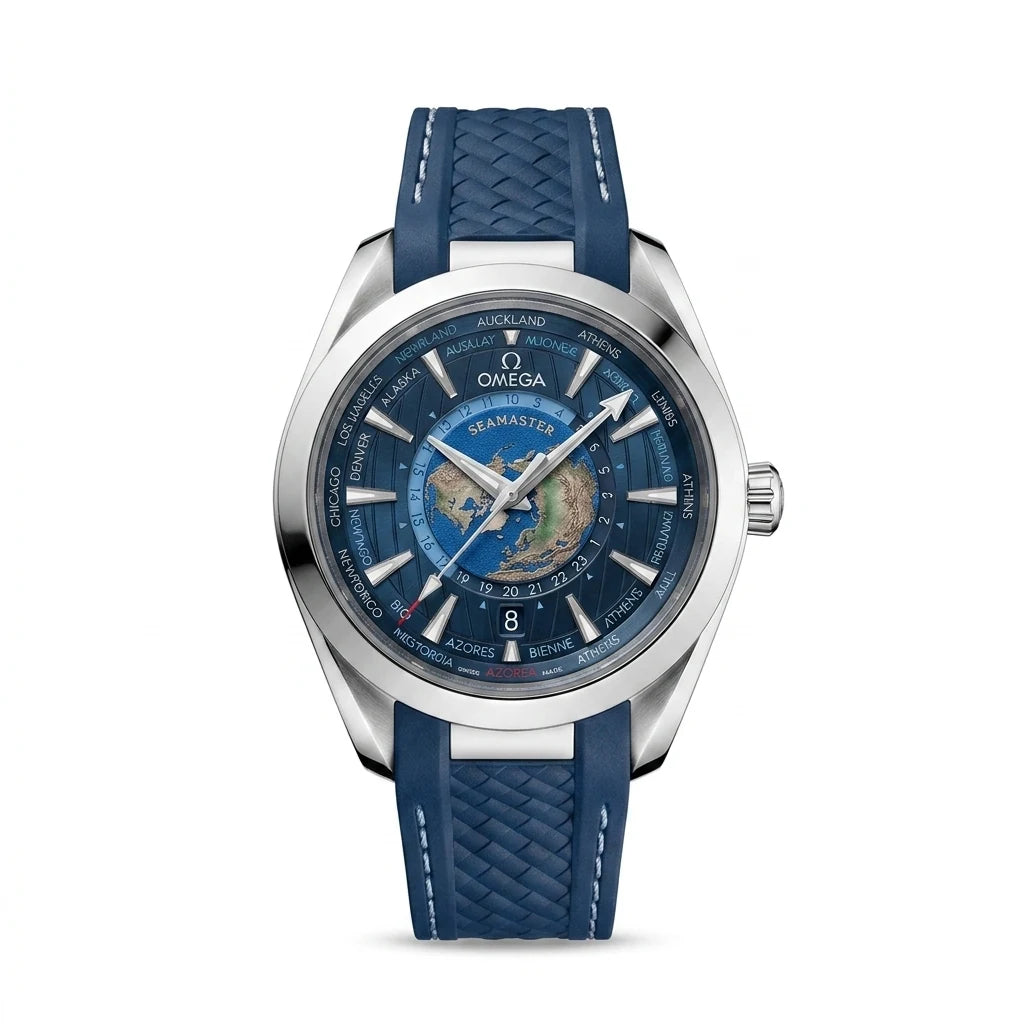 Omega Seamaster Aqua Terra Worldtimer Blue Dial Men Watch Front View Lebanon - ChronoVault