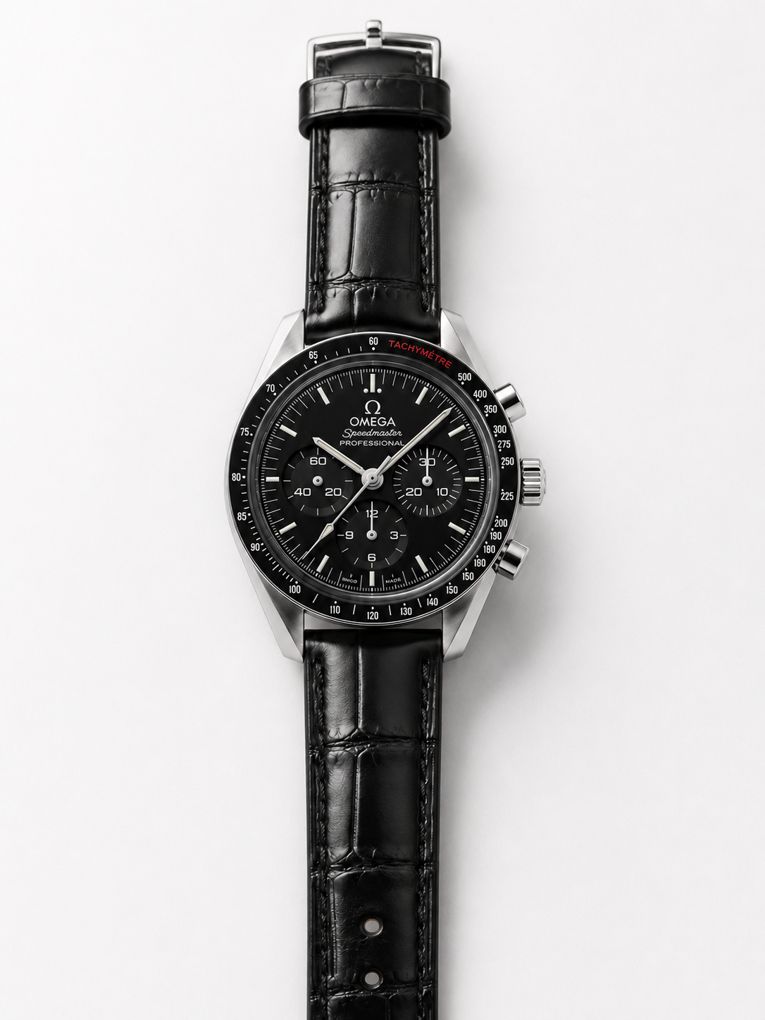Omega Speedmaster Professional Moonwatch men's watch Lebanon - steel case, black dial, tachymeter bezel, black leather strap