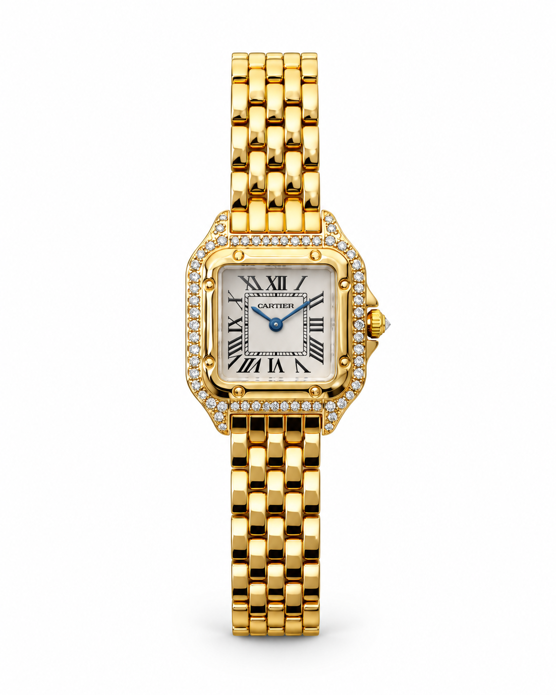 Panthère de Cartier women's watch Lebanon - gold square case with diamond-set bezel and lugs, white Roman numeral dial with blue hands, gold Panthère link bracelet