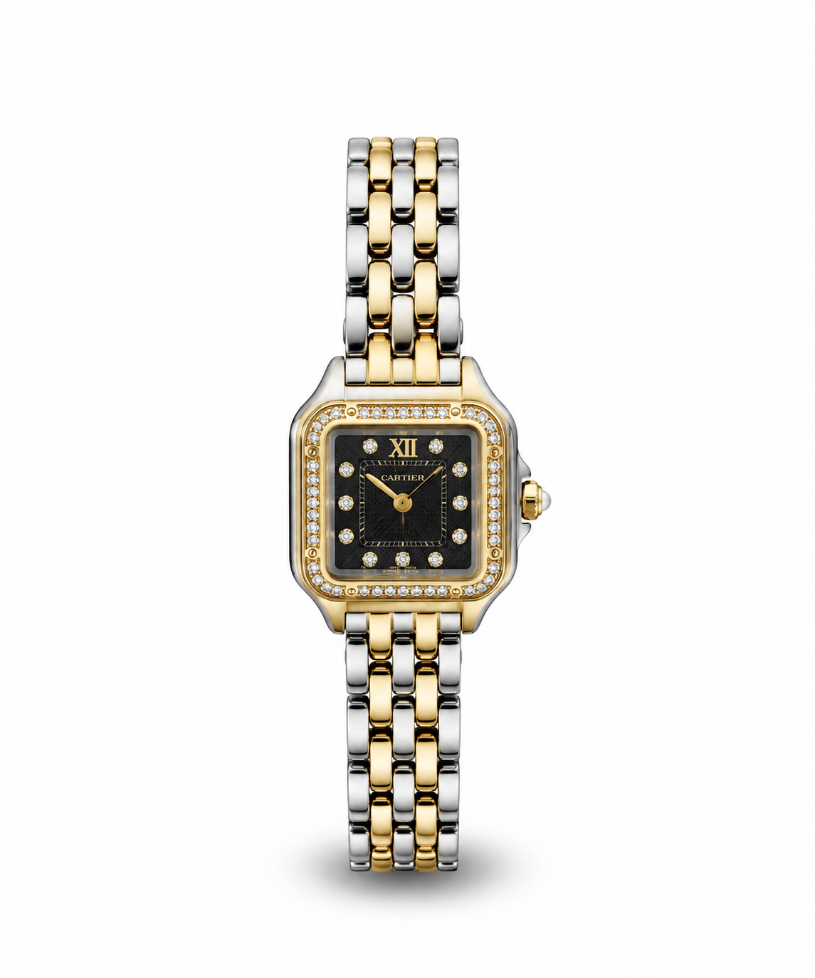 Panthère de Cartier women's watch Lebanon - two-tone steel and gold square case with diamond bezel, black dial with diamond markers, two-tone Panthère link bracelet