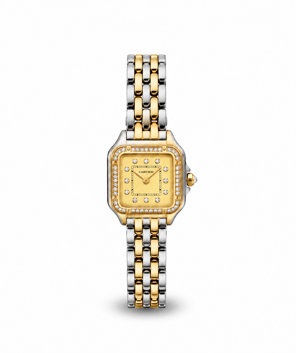 Panthère de Cartier women's watch Lebanon - two-tone steel and gold square case with diamond bezel, gold dial with diamond markers, two-tone Panthère link bracelet