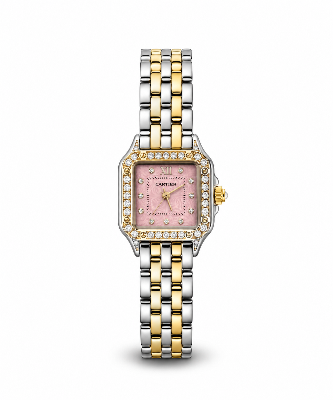Panthère de Cartier women's watch Lebanon - two-tone steel and gold square case with diamond bezel, pink dial with diamond markers, two-tone Panthère link bracelet