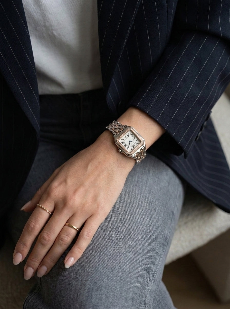 Panthere de Cartier Steel Rose Gold Diamond White Sunray Women's Watch worn on model wrist Lebanon - ChronoVault