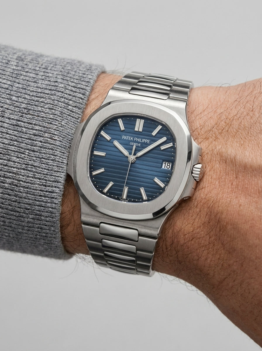 Patek Philippe Nautilus Silver Steel Blue Dial Men's Watch worn on model wrist Lebanon - ChronoVault