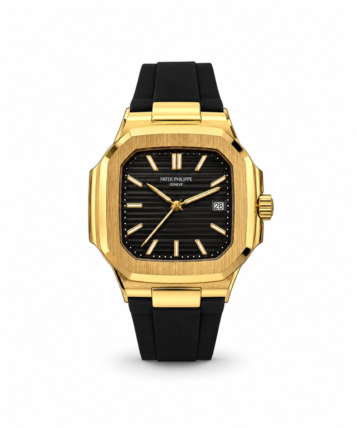 Patek Philippe Nautilus-Style men's watch Lebanon - gold octagonal case, black embossed dial with gold hands and markers, date window, black rubber strap