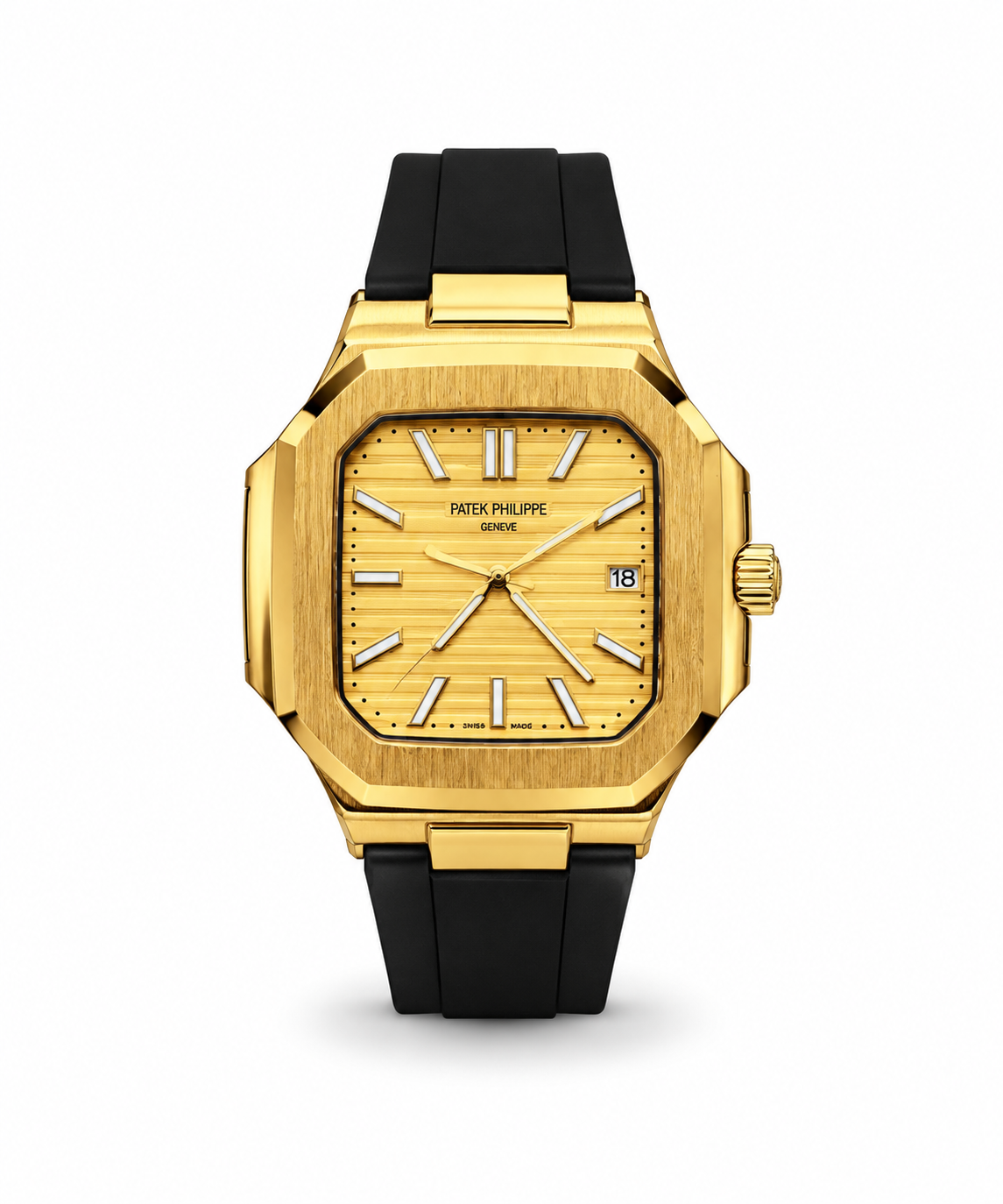 Patek Philippe Nautilus-Style men's watch Lebanon - gold octagonal case, gold embossed dial with gold hands and markers, date window, black rubber strap