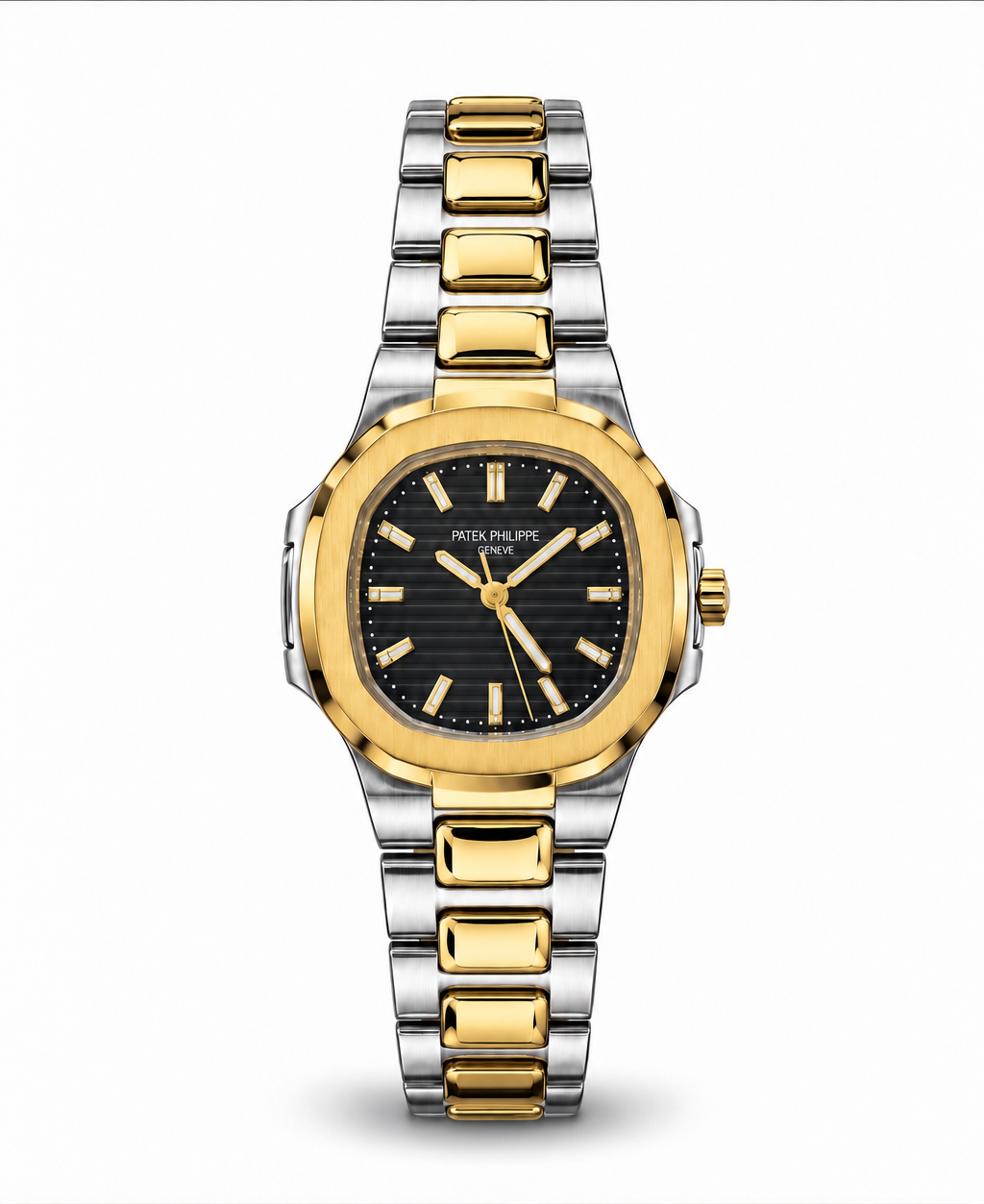 Patek Philippe Nautilus-Style women's watch Lebanon - two-tone steel and gold octagonal case, black horizontal-embossed dial with gold hands and markers, integrated two-tone bracelet