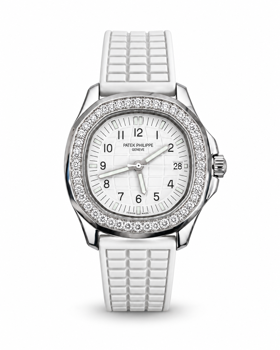 Patek Philippe Aquanaut Luce women's watch Lebanon - steel rounded-octagonal case, diamond bezel, white embossed dial with black Arabic numerals and date, white textured rubber strap