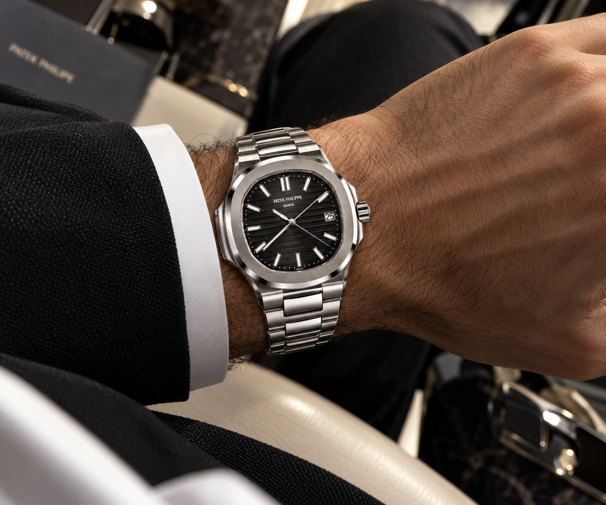 Patek Philippe Nautilus-Style men's watch on wrist Lebanon - steel octagonal case, black embossed dial, integrated steel bracelet, worn with a black suit and white cuff