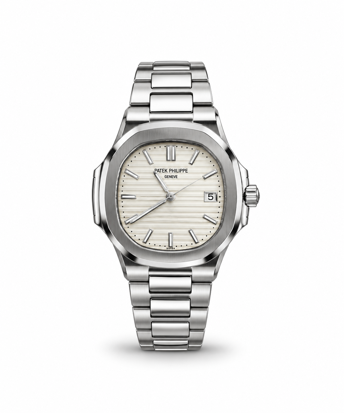 Patek Philippe Nautilus-Style men's watch Lebanon - steel octagonal case, cream embossed dial with steel hands and markers, date window, integrated steel bracelet