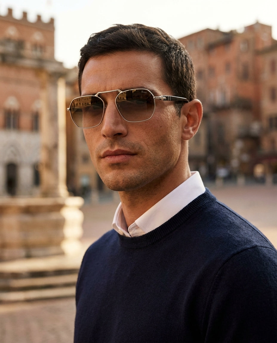 Persol PO3310S – Silver Brown Gradient sunglasses on male model – ChronoVault Lebanon