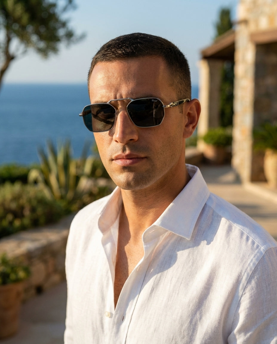 Persol PO3321S – Silver Black sunglasses on male model – ChronoVault Lebanon