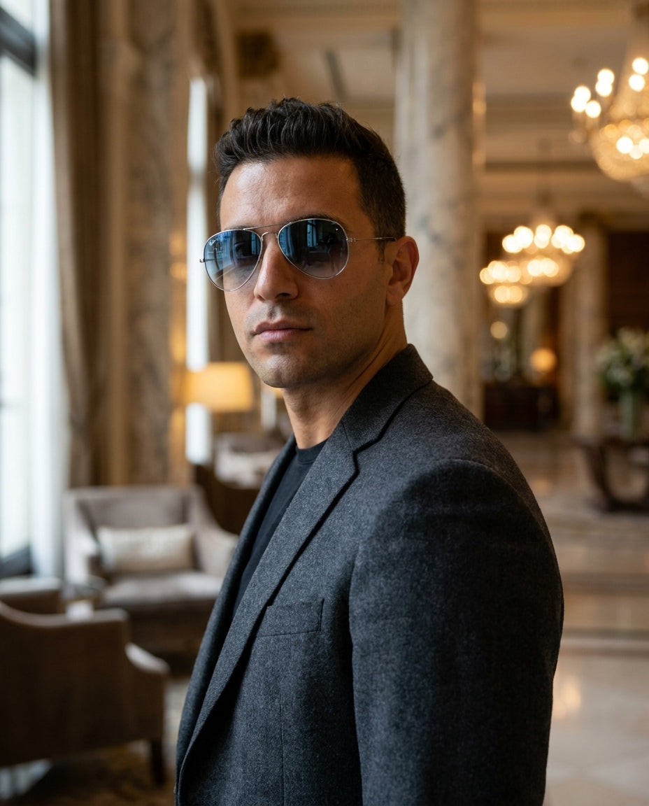 Ray-Ban Aviator Small – Silver Blue Gradient sunglasses on male model – ChronoVault Lebanon