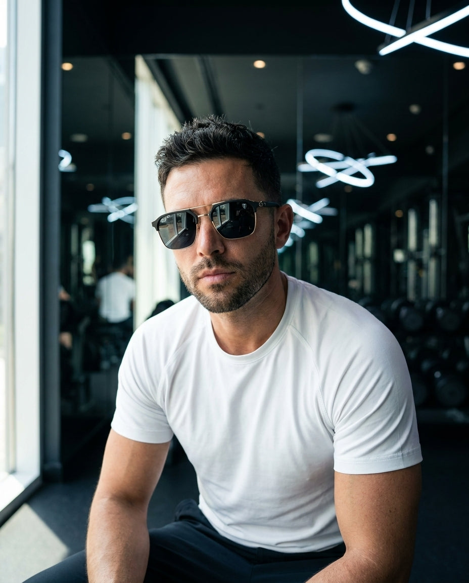 Ray-Ban Ferrari RB3725M – Gold Black sunglasses worn by male model – ChronoVault Lebanon