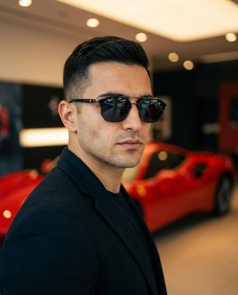 Ray-Ban Ferrari RB4397M sunglasses worn by male model – ChronoVault Lebanon