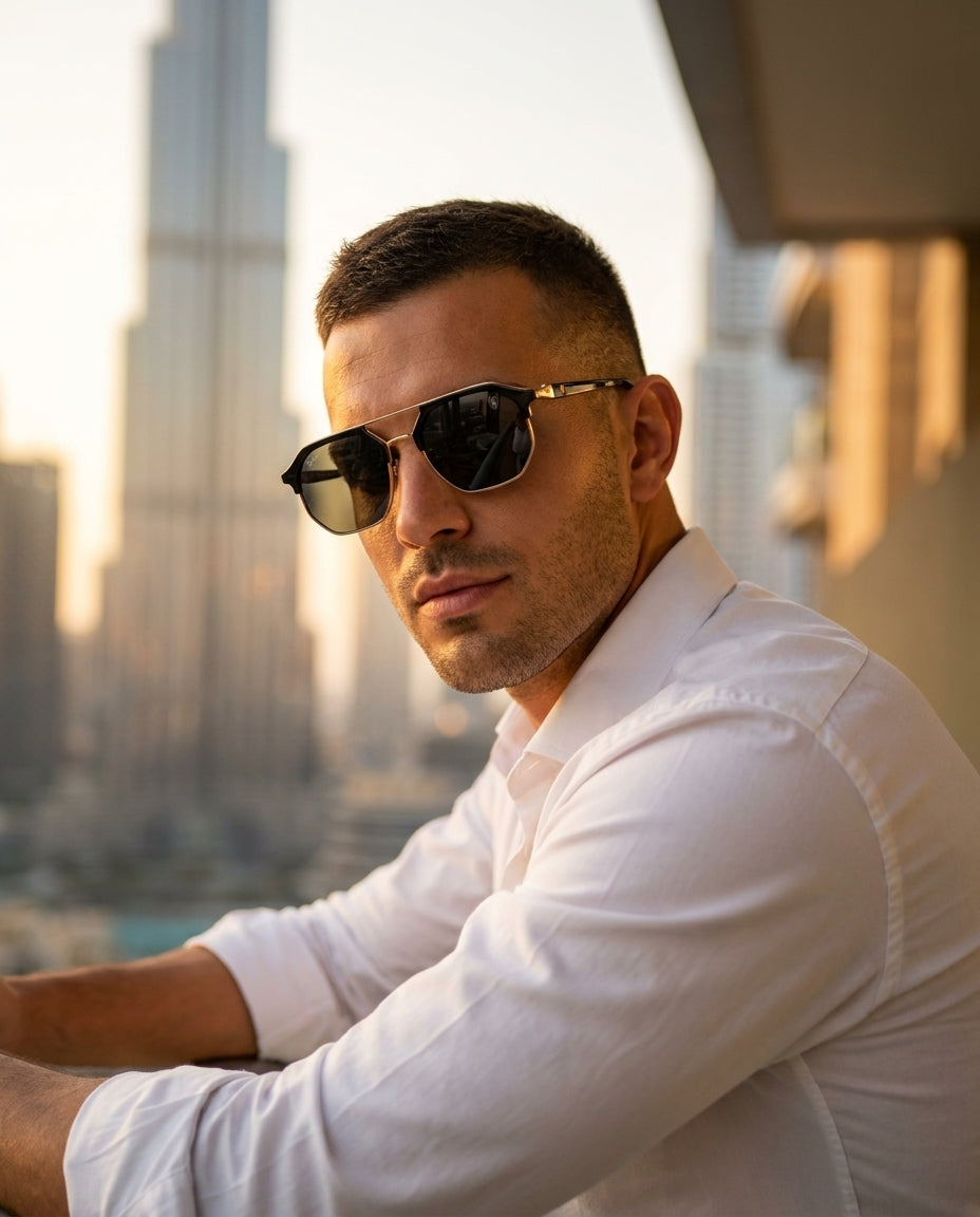 Ray-Ban RB3726M Scuderia Ferrari – Gold Black sunglasses worn by male model – ChronoVault Lebanon