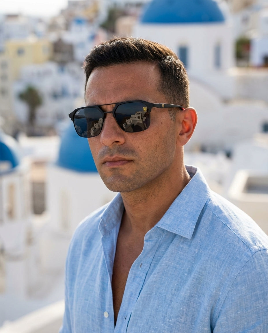 Ray-Ban RB4367M Scuderia Ferrari – Matte Black sunglasses worn by male model – ChronoVault Lebanon