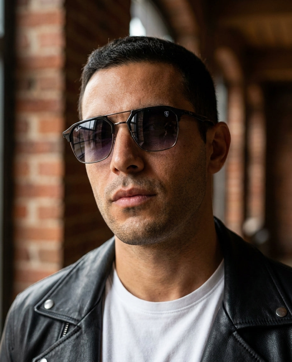 Ray-Ban Scuderia Ferrari RB3675M – Black/Violet sunglasses on male model – ChronoVault Lebanon