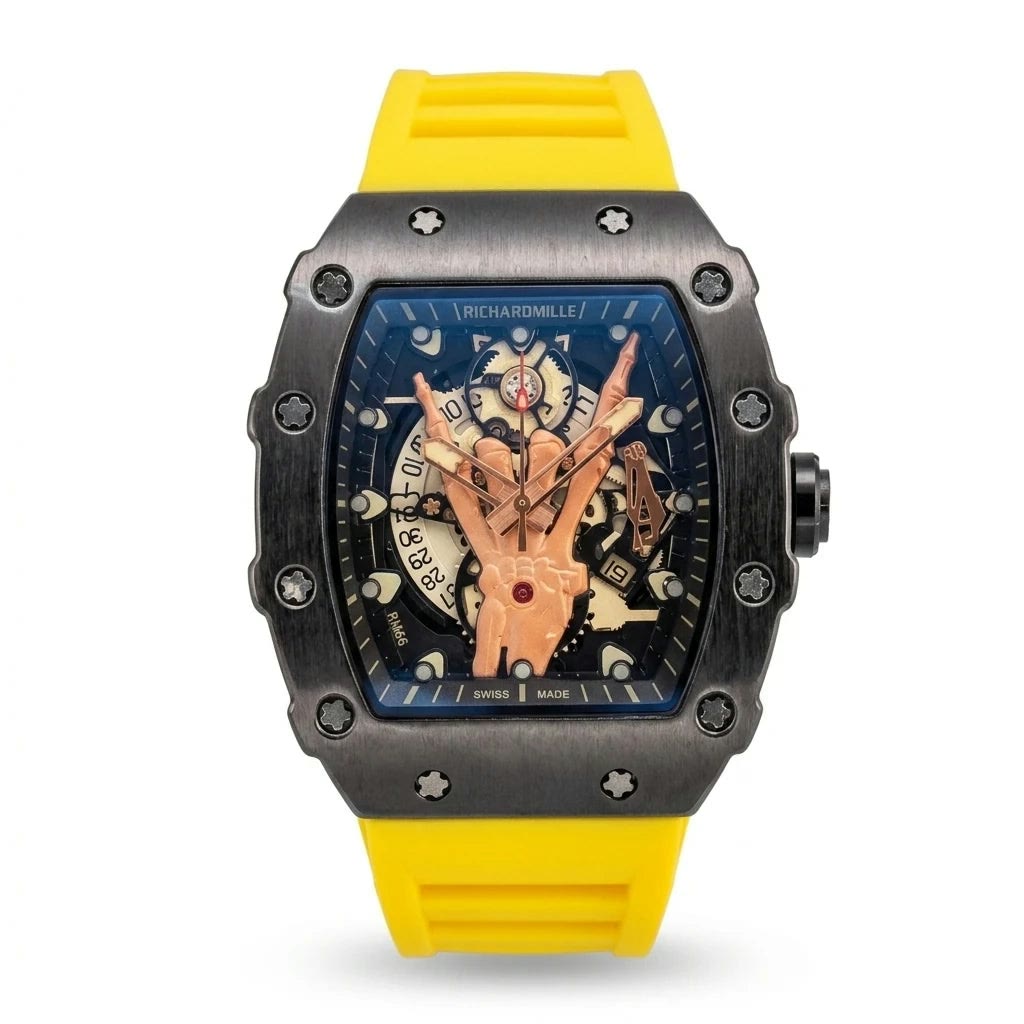 Richard Mille RM66 Horns Skeleton Black Titanium Yellow Strap Men Watch Front View Lebanon - ChronoVault