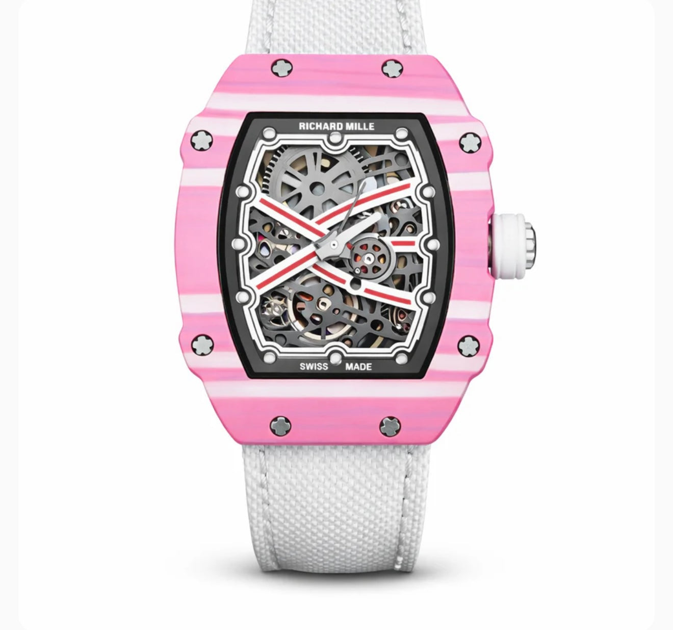 Richard Mille RM67-02 women's 36mm watch Lebanon - marbled pink ceramic skeleton tonneau case, white fabric strap