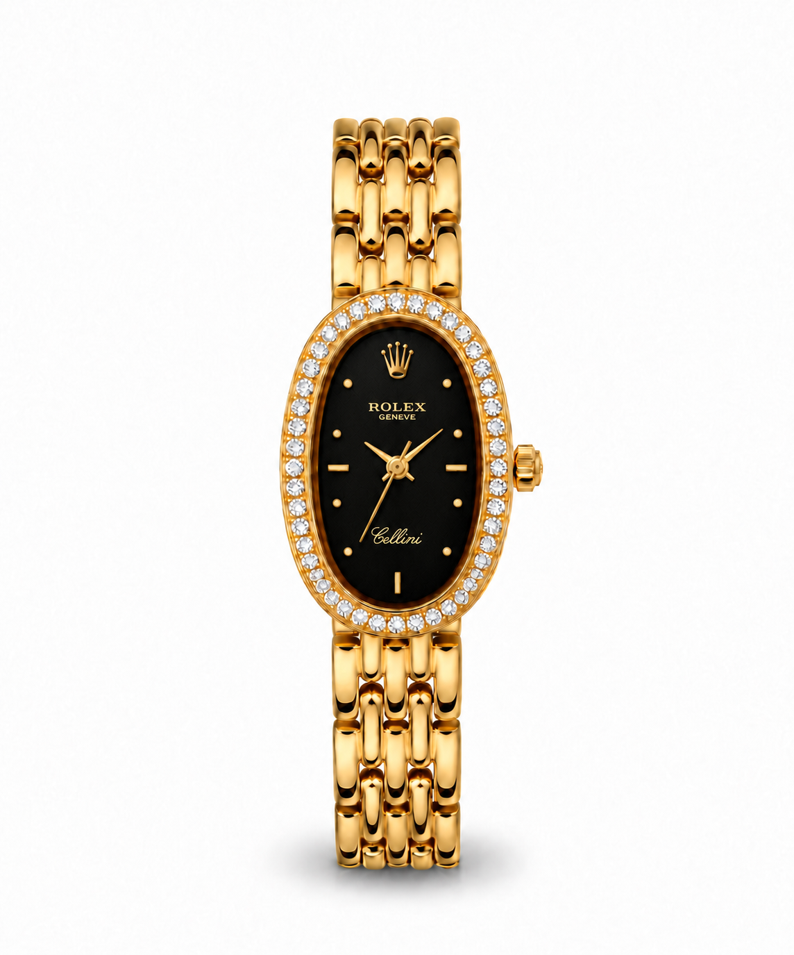 Rolex Cellini women's watch Lebanon - yellow gold oval case with diamond bezel, black dial with gold-accent markers, gold link bracelet