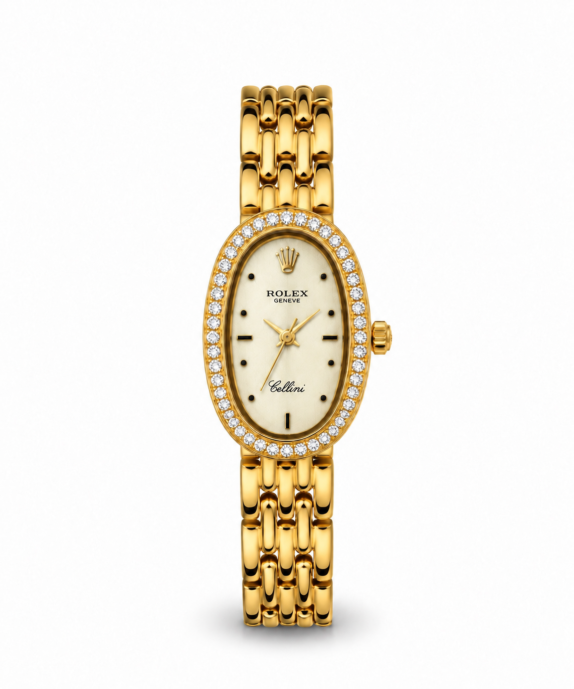Rolex Cellini women's watch Lebanon - yellow gold oval case with diamond bezel, cream dial with black-accent markers, gold link bracelet
