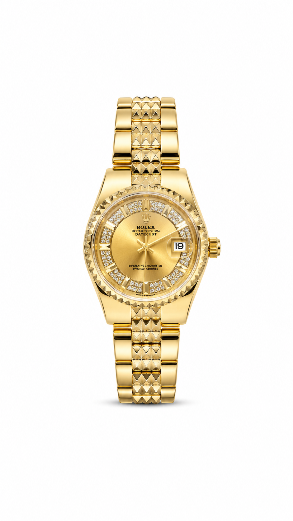 Rolex Datejust 34mm women's watch Lebanon - full gold pyramid bezel and bracelet, champagne diamond Roman dial