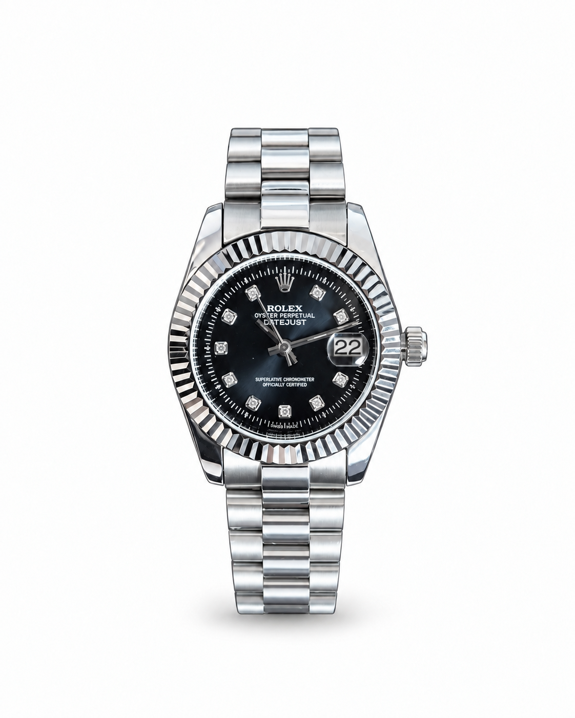 Rolex Datejust 34mm women's watch Lebanon - stainless steel President bracelet, black sunray dial with round diamond hour markers, fluted bezel