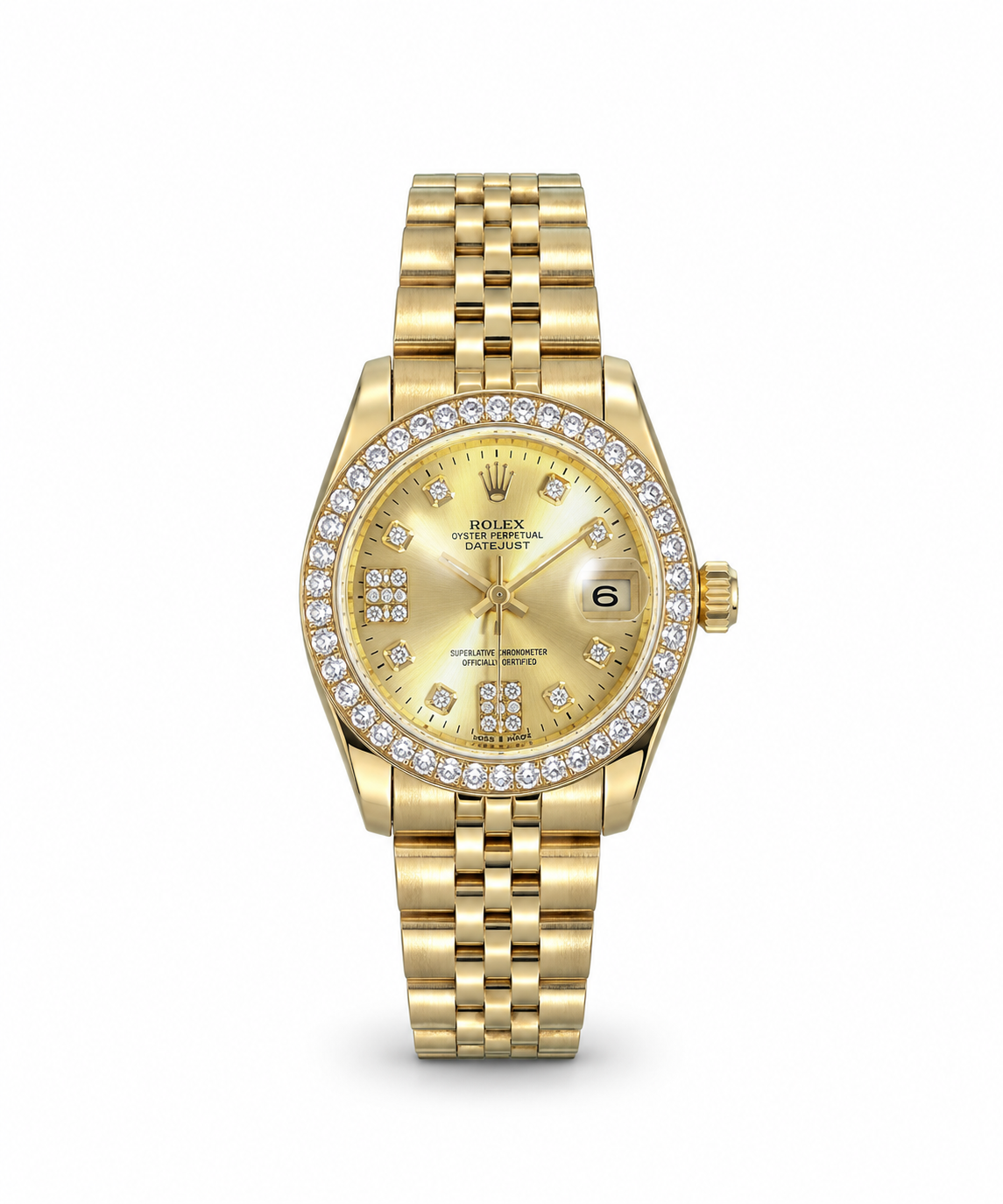 Rolex Datejust 34mm women's watch Lebanon - yellow gold jubilee bracelet, champagne sunray diamond dial, diamond bezel