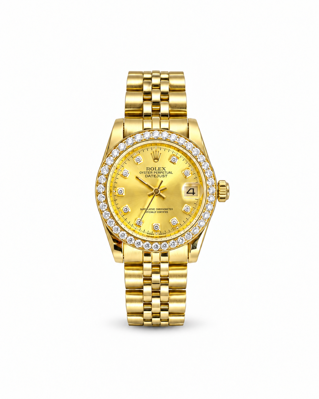 Rolex Datejust 34mm women's watch Lebanon - yellow gold jubilee bracelet, champagne sunray dial with round diamond hour markers, diamond bezel