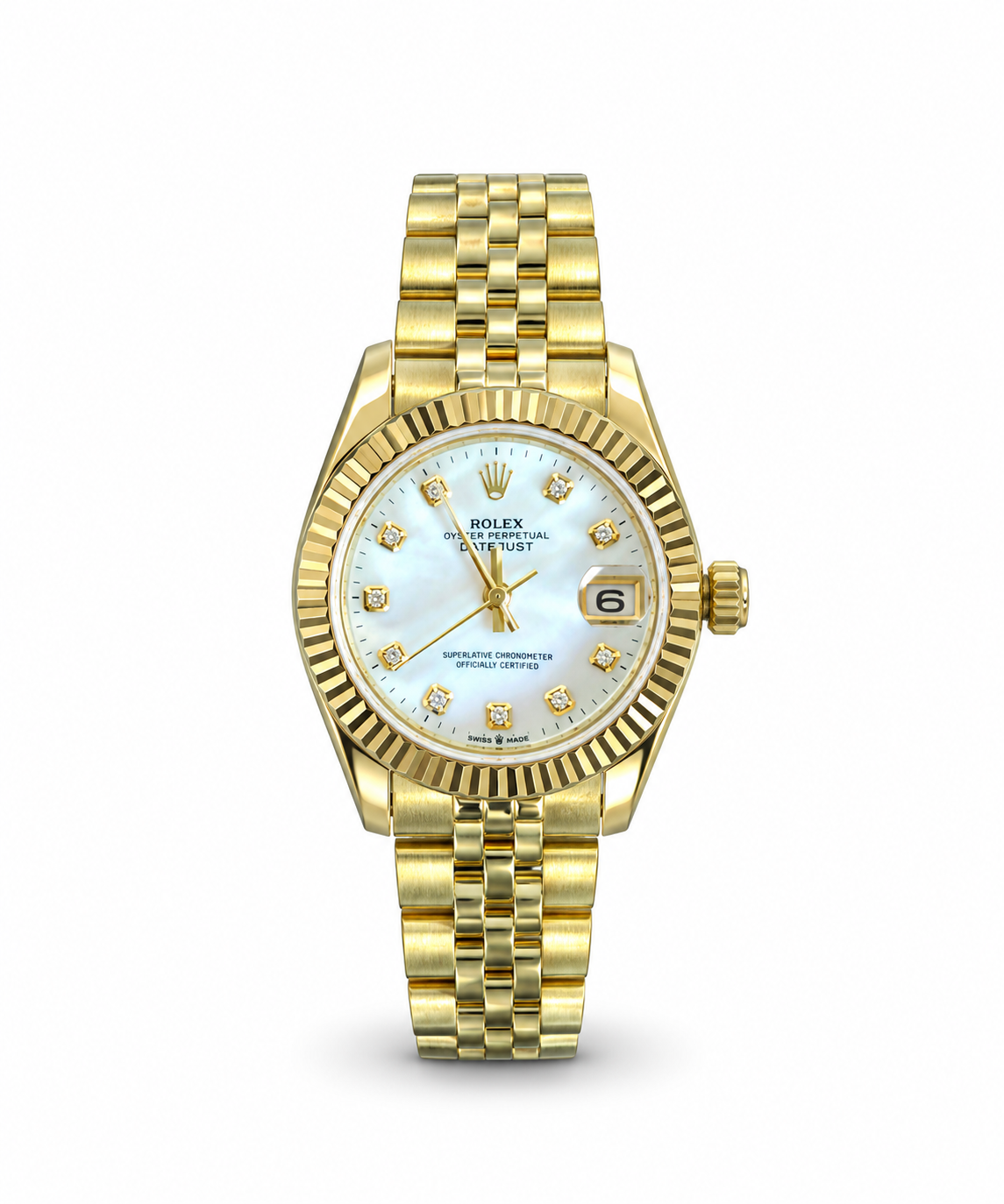 Rolex Datejust 34mm women's watch Lebanon - yellow gold jubilee bracelet, white mother-of-pearl dial with round diamond hour markers, fluted bezel