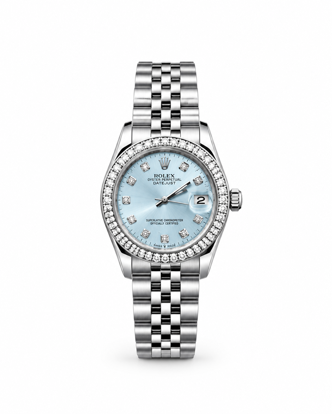 Rolex Datejust 34mm women's watch Lebanon - stainless steel case with diamond bezel, ice-blue dial with diamond markers, date with cyclops lens, five-link Jubilee bracelet