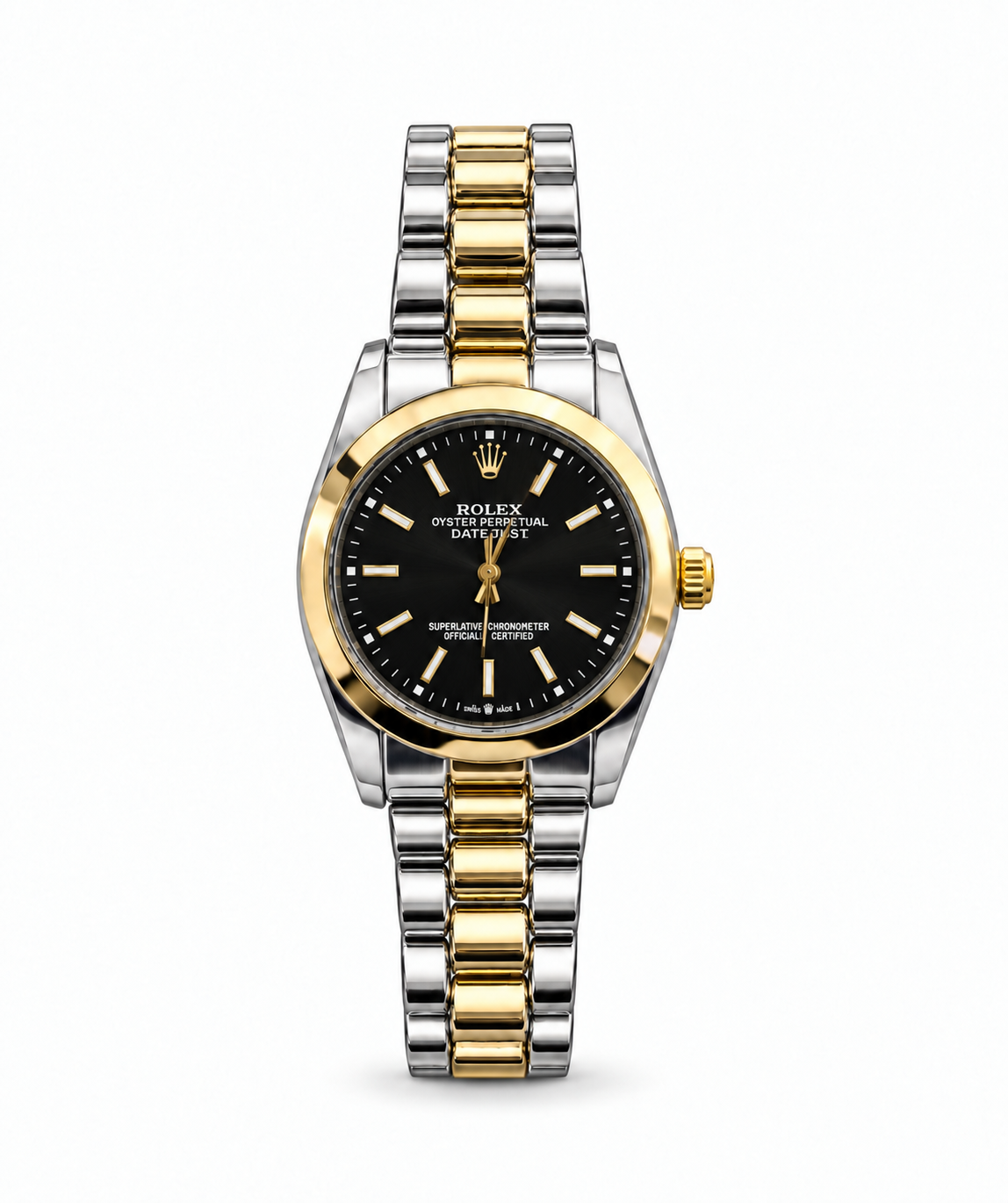 Rolex Datejust 34mm women's watch Lebanon - two-tone steel and gold case with smooth gold bezel, black dial with gold hands and markers, two-tone Jubilee bracelet