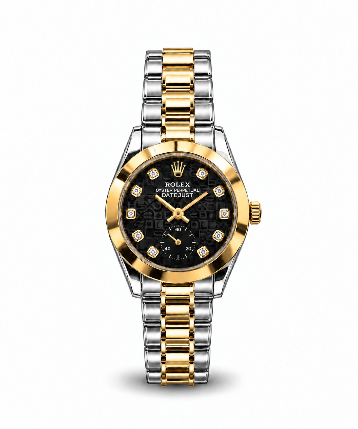 Rolex Datejust 34mm women's watch Lebanon - two-tone steel and gold case with smooth gold bezel, black logo-motif dial with diamond markers, two-tone Oyster bracelet