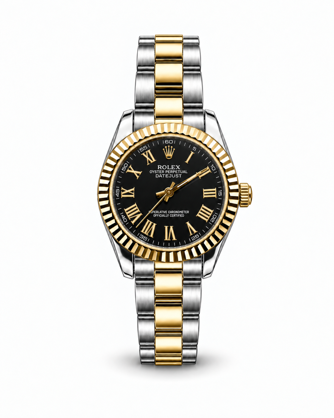 Rolex Datejust 34mm women's watch Lebanon - two-tone steel and gold case with fluted gold bezel, black dial with gold Roman numerals, two-tone Oyster bracelet