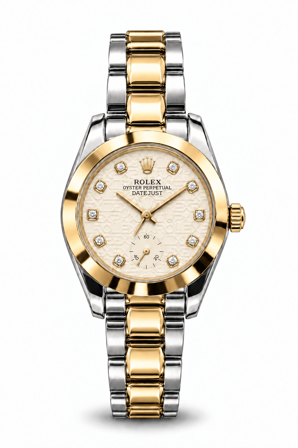 Rolex Datejust 34mm women's watch Lebanon - two-tone steel and gold case with smooth gold bezel, cream logo-motif dial with diamond markers and small seconds, two-tone Oyster bracelet
