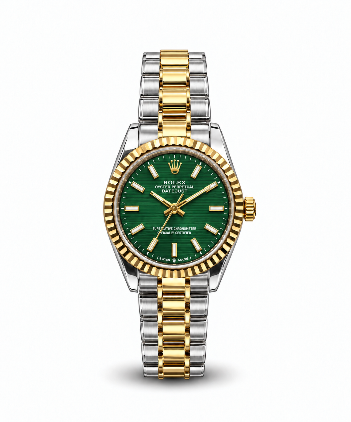 Rolex Datejust 34mm women's watch Lebanon - two-tone steel and gold case with fluted gold bezel, green fluted-motif dial with gold markers, two-tone bracelet
