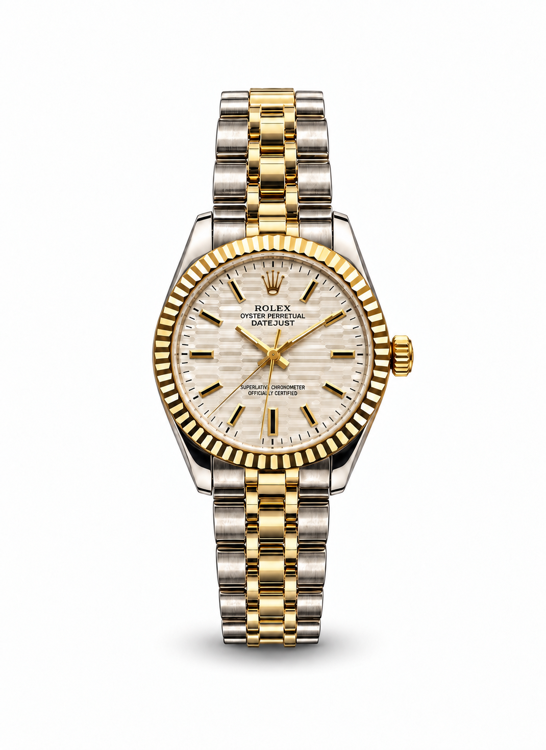 Rolex Datejust 34mm women's watch Lebanon - two-tone steel and gold case with fluted gold bezel, silver fluted-motif textured dial with gold markers, two-tone Jubilee bracelet