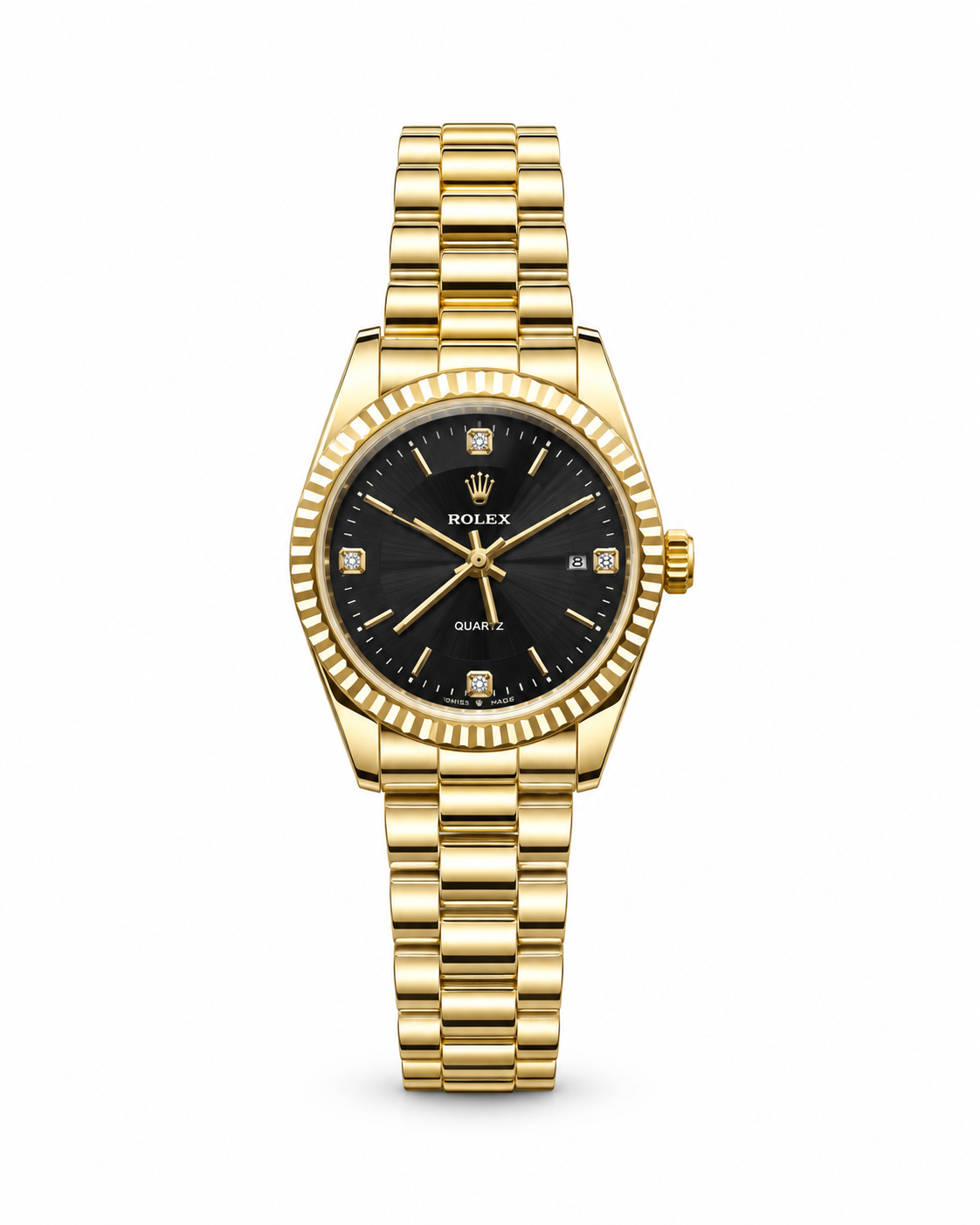 Rolex Datejust 34mm women's watch Lebanon - yellow gold case with fluted bezel, black sunray dial with diamond markers and date, gold link bracelet