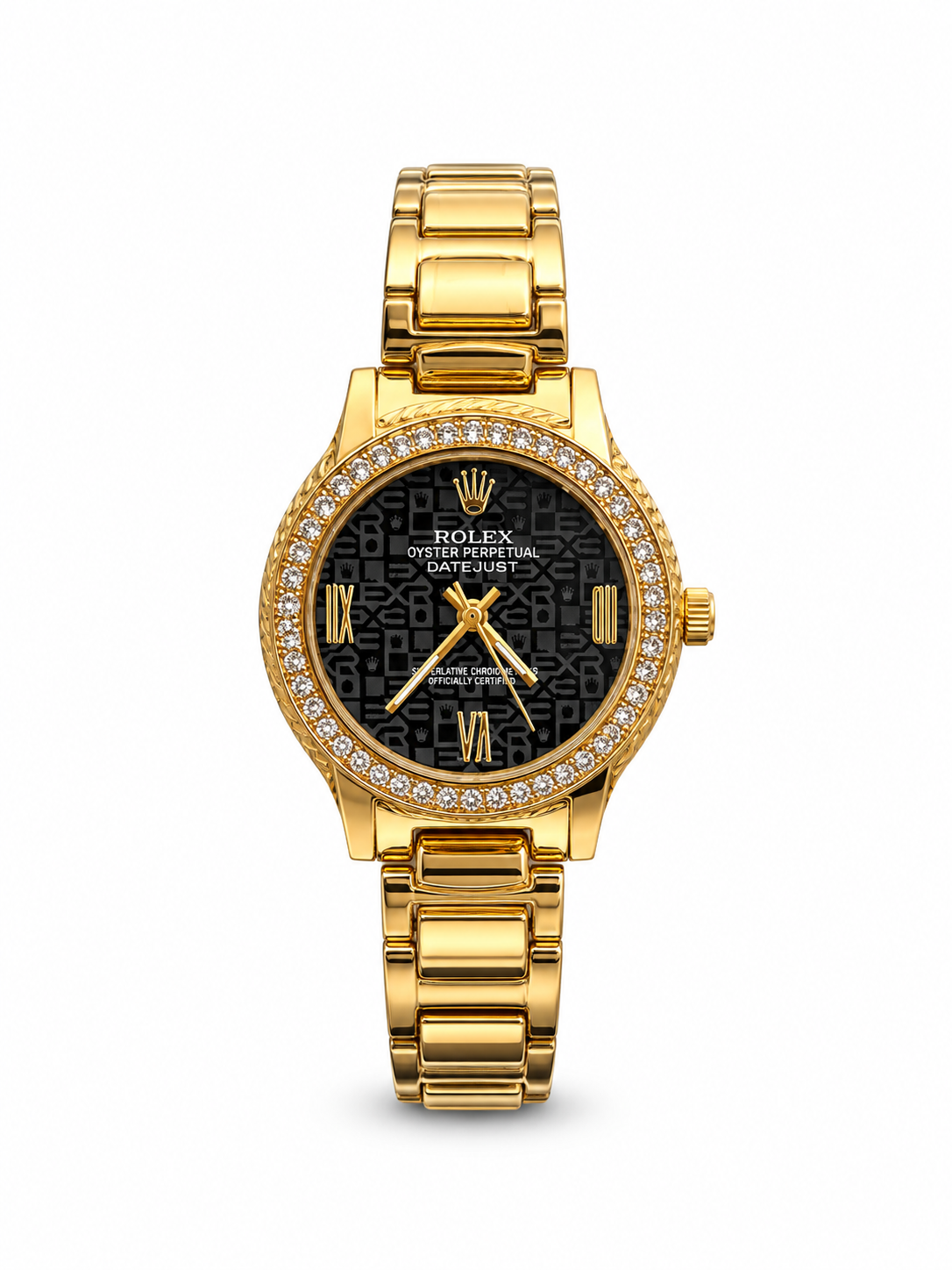 Rolex Datejust 34mm women's watch Lebanon - yellow gold case with diamond bezel, black logo-motif dial with gold Roman numerals, gold Oyster bracelet