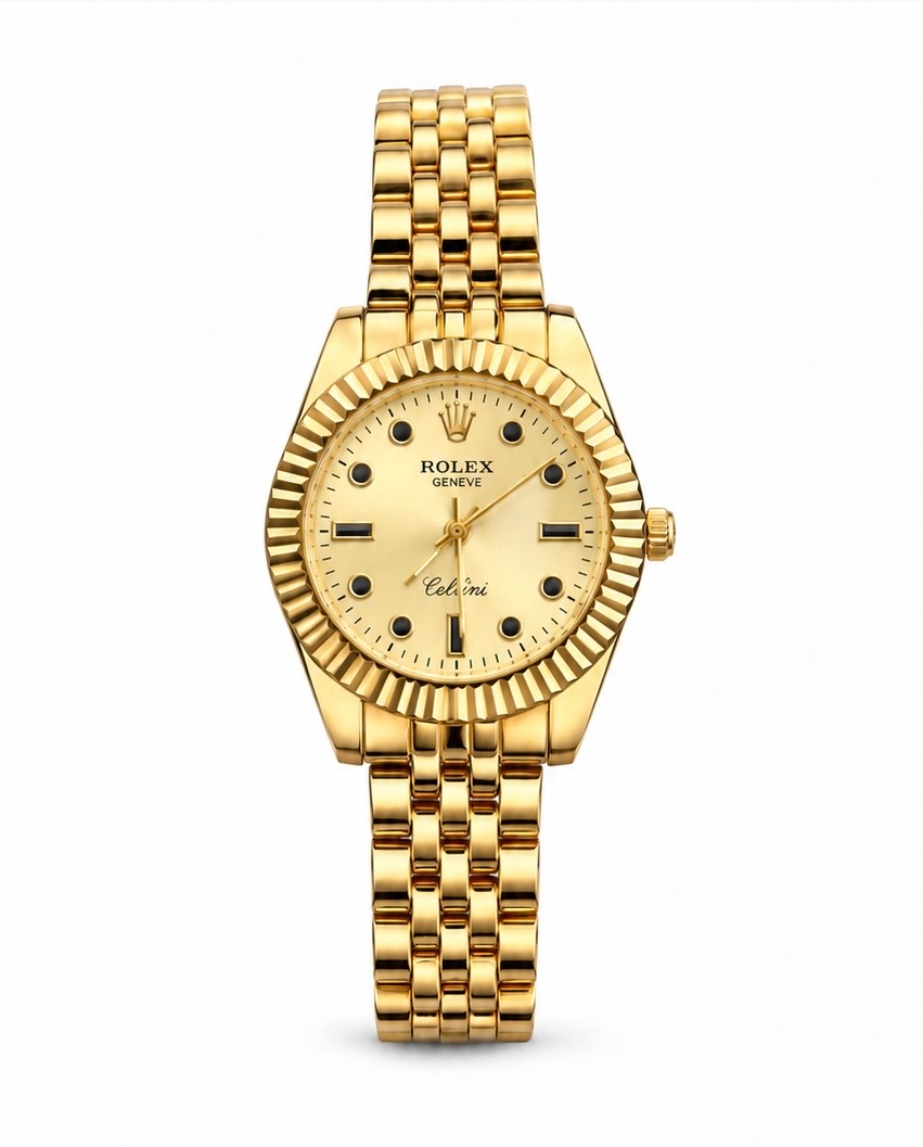 Rolex Datejust 34mm women's watch Lebanon - yellow gold case with fluted bezel, champagne sunburst dial with black-accent markers, gold five-link Jubilee bracelet