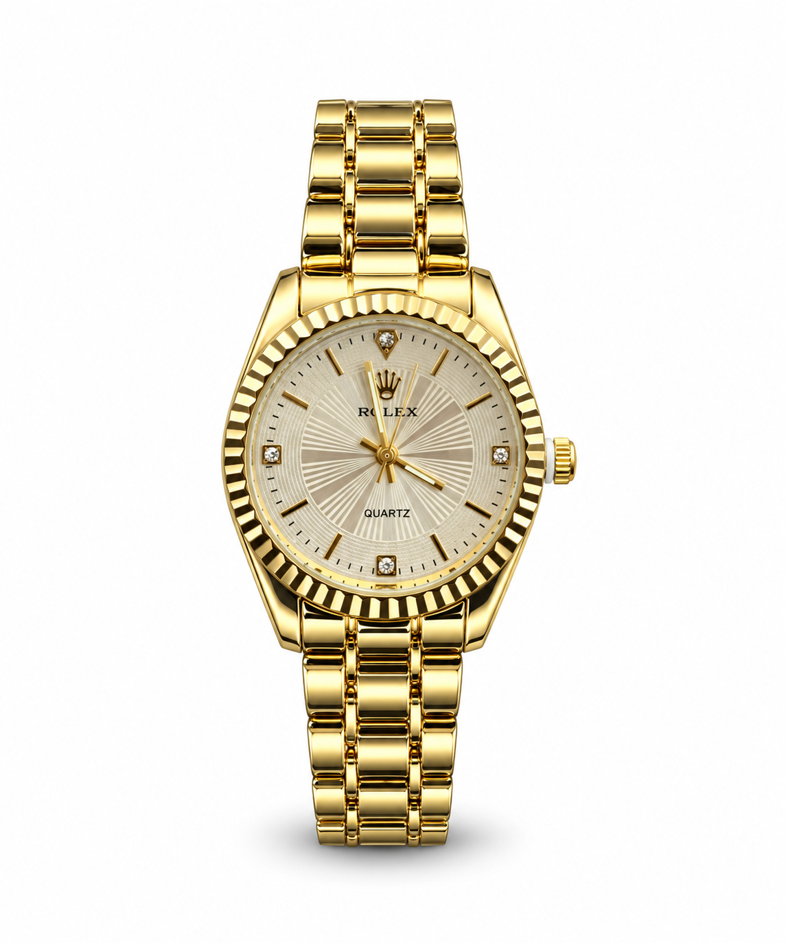 Rolex Datejust 34mm women's watch Lebanon - yellow gold case with fluted bezel, champagne sunray dial with diamond markers, gold link bracelet