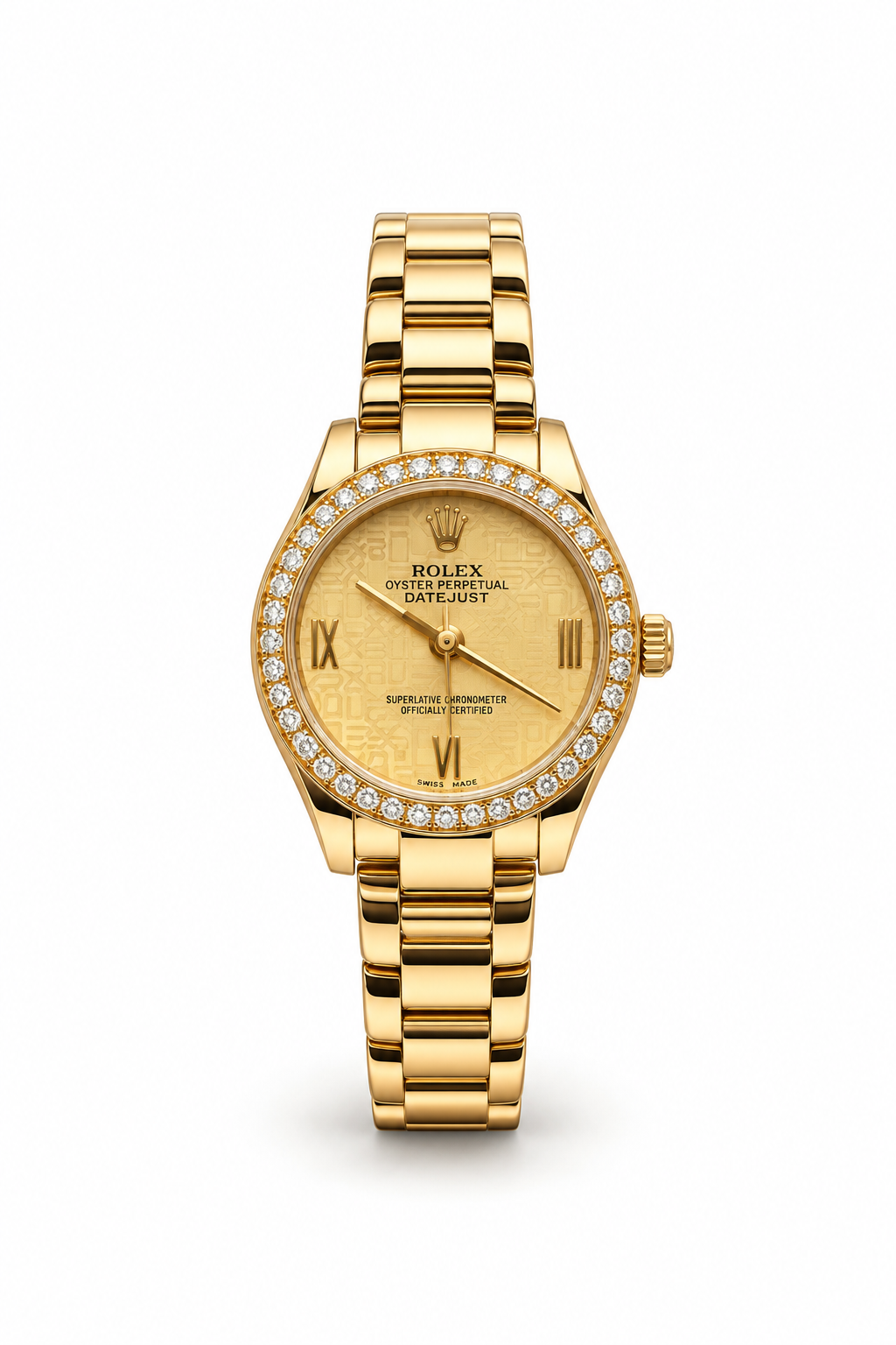 Rolex Datejust 34mm women's watch Lebanon - yellow gold case with diamond bezel, champagne logo-motif dial with gold Roman numerals, gold President bracelet
