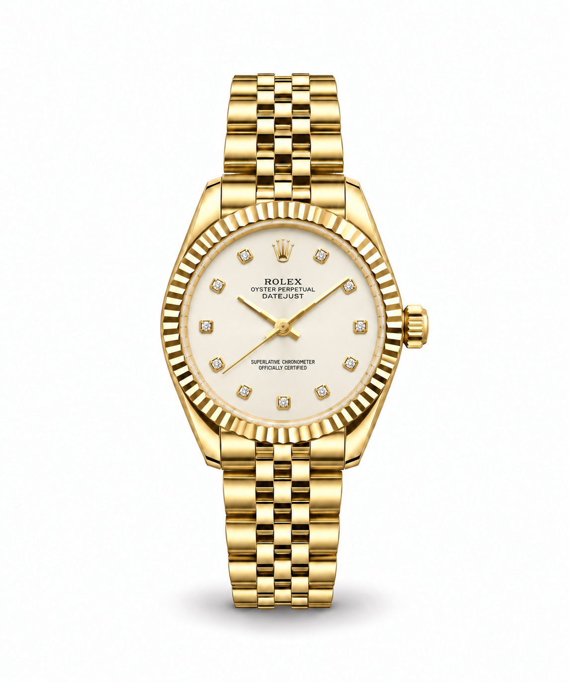Rolex Datejust 34mm women's watch Lebanon - yellow gold case with fluted bezel, cream dial with diamond markers, gold five-link Jubilee bracelet