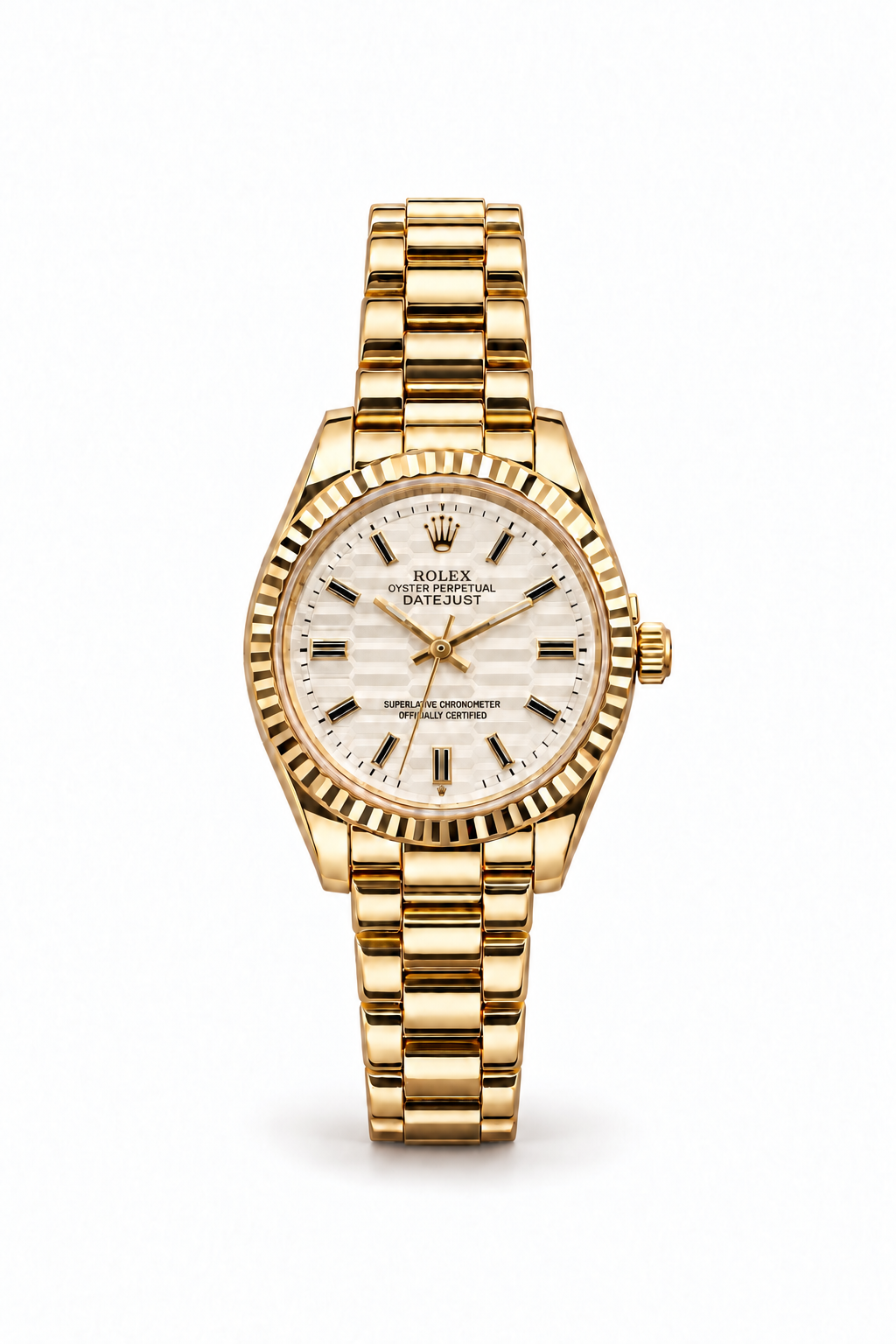 Rolex Datejust 34mm women's watch Lebanon - full yellow gold case with fluted bezel, cream fluted-motif dial with black-accent markers, gold President bracelet