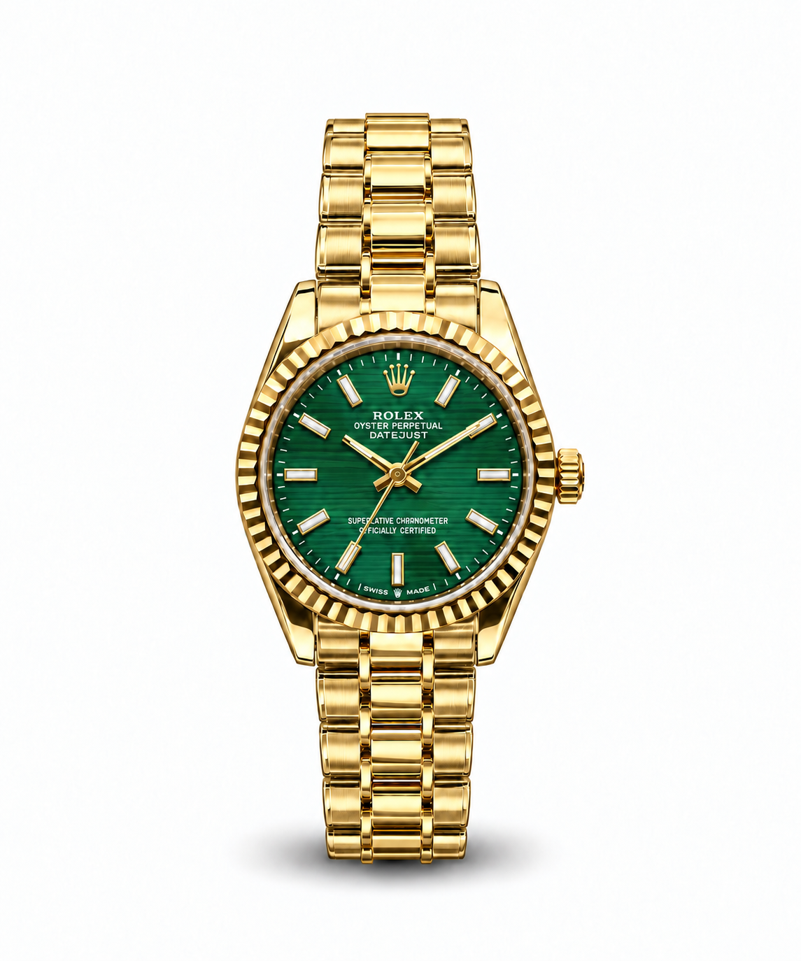 Rolex Datejust 34mm women's watch Lebanon - full yellow gold case with fluted bezel, green fluted-motif dial with gold markers, gold President bracelet