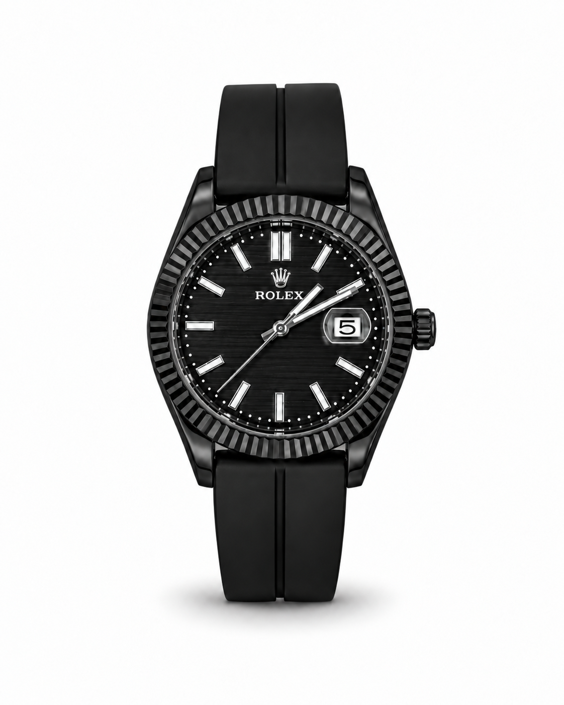 Rolex Datejust 40mm men's watch Lebanon - black PVD case, black striped dial with white baton markers and white hands, fluted bezel, black rubber strap
