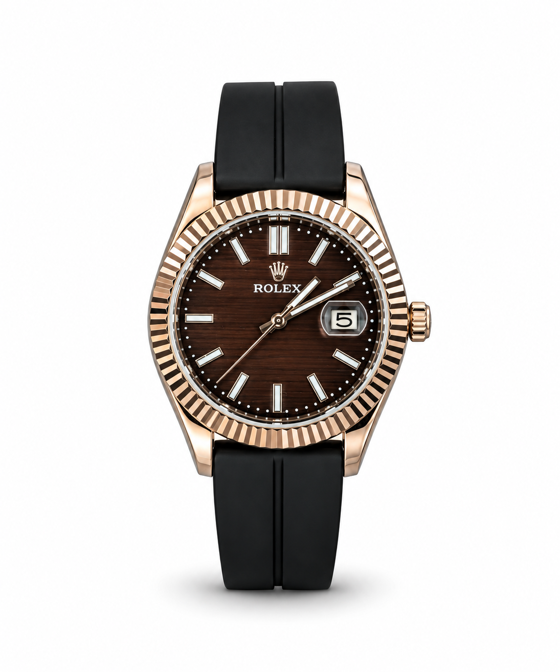 Rolex Datejust 40mm men's watch Lebanon - rose gold case, brown wood-grain dial with white baton markers and rose gold hands, fluted bezel, black rubber strap